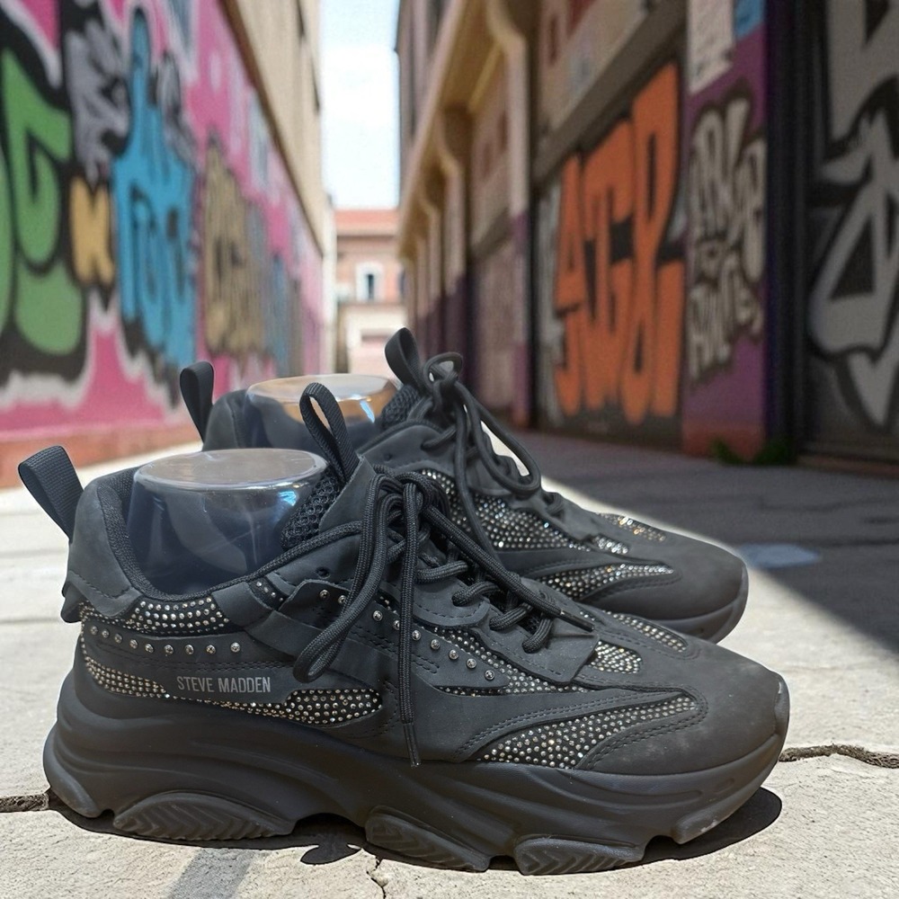 🔥Steve Madden🤑 Possesionr Platform Chunky Y2k‎ Sneakers 11 Black Rhinestones